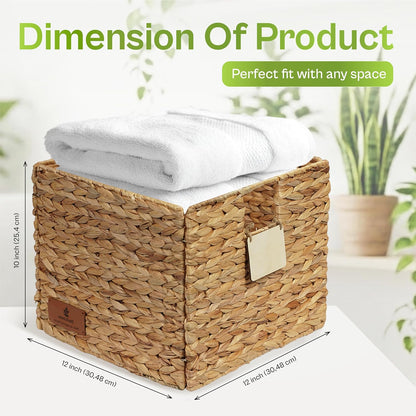 Storage Baskets for Shelves Set of 3, Open-Top Wicker Storage Bins with Handles, Shelf Organizer Baskets for Pantry, Closet & Bathroom, Water Hyacinth Baskets with Tissue Box Cover