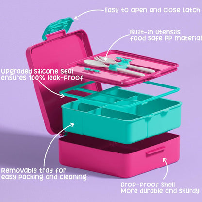 Fimibuke Bento Lunch Box for Kids, Leak Proof Toddler Bento Box with 4 Compartments BPA Free Dishwasher Safe Lunch Container with Utensils, Ideal Portion Sizes for Ages 3-12 Girls Boys for School