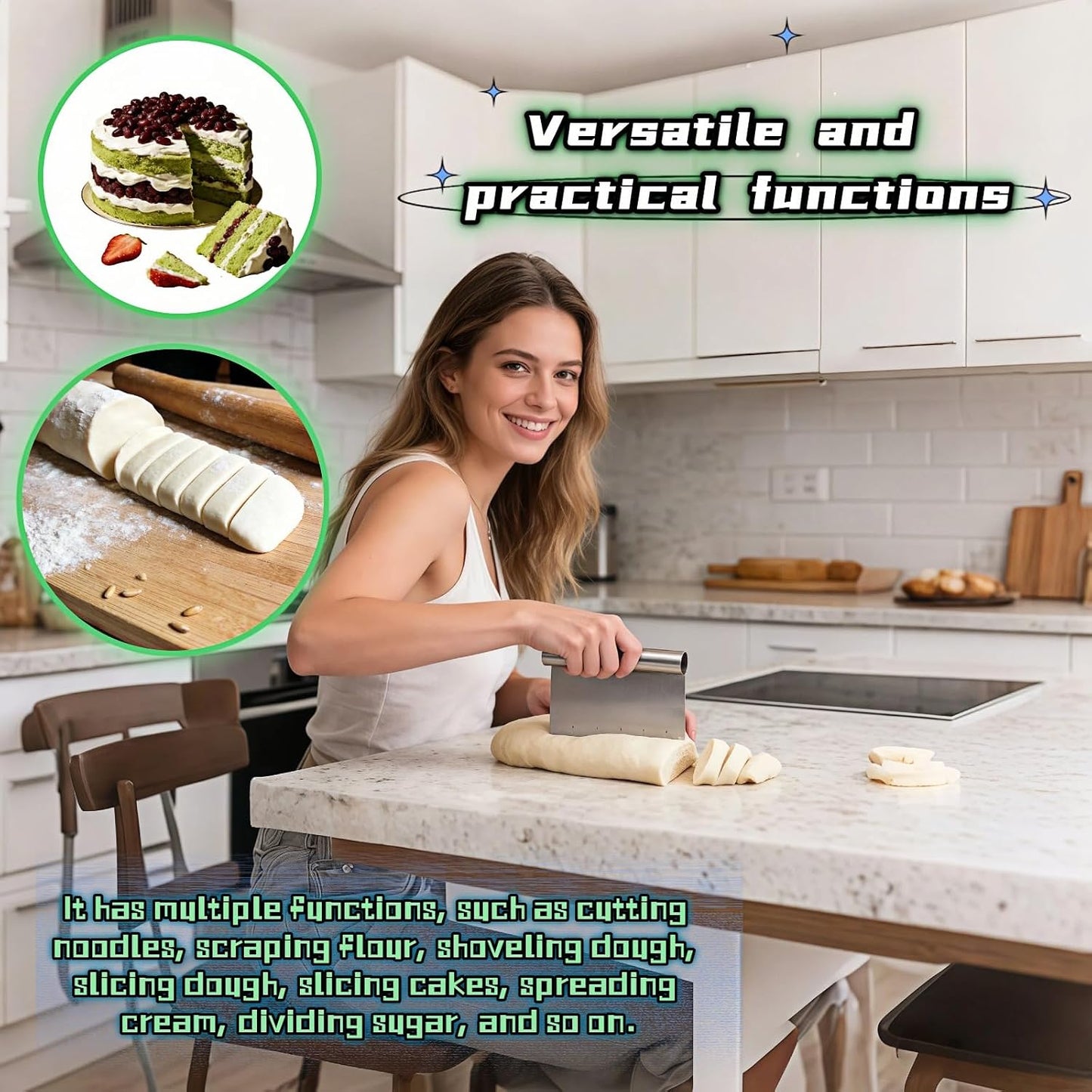 Stainless Steel Dough Scraper with Measuring Scale - Multi-Purpose Kitchen Tool for Baking, Pizza, Grilling, Pastry Cutter & Vegetable Chopper | Ergonomic Handle & Rust-Proof Design