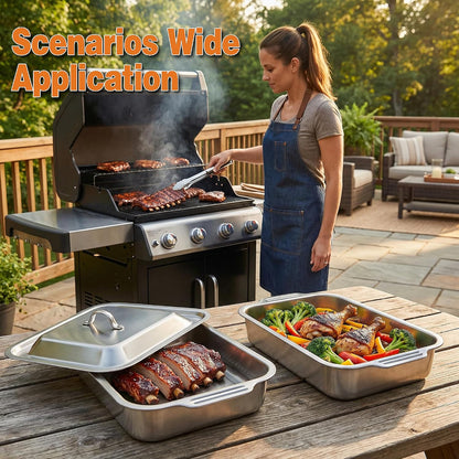 Grilling Prep and Serve Trays,Stainless Steel Large Capacity Food Prep Trays, Grill Carry System with Lid and Cutting Board, Marinade Container for Outdoor BBQ Grill Accessories, Camping Gifts for Men
