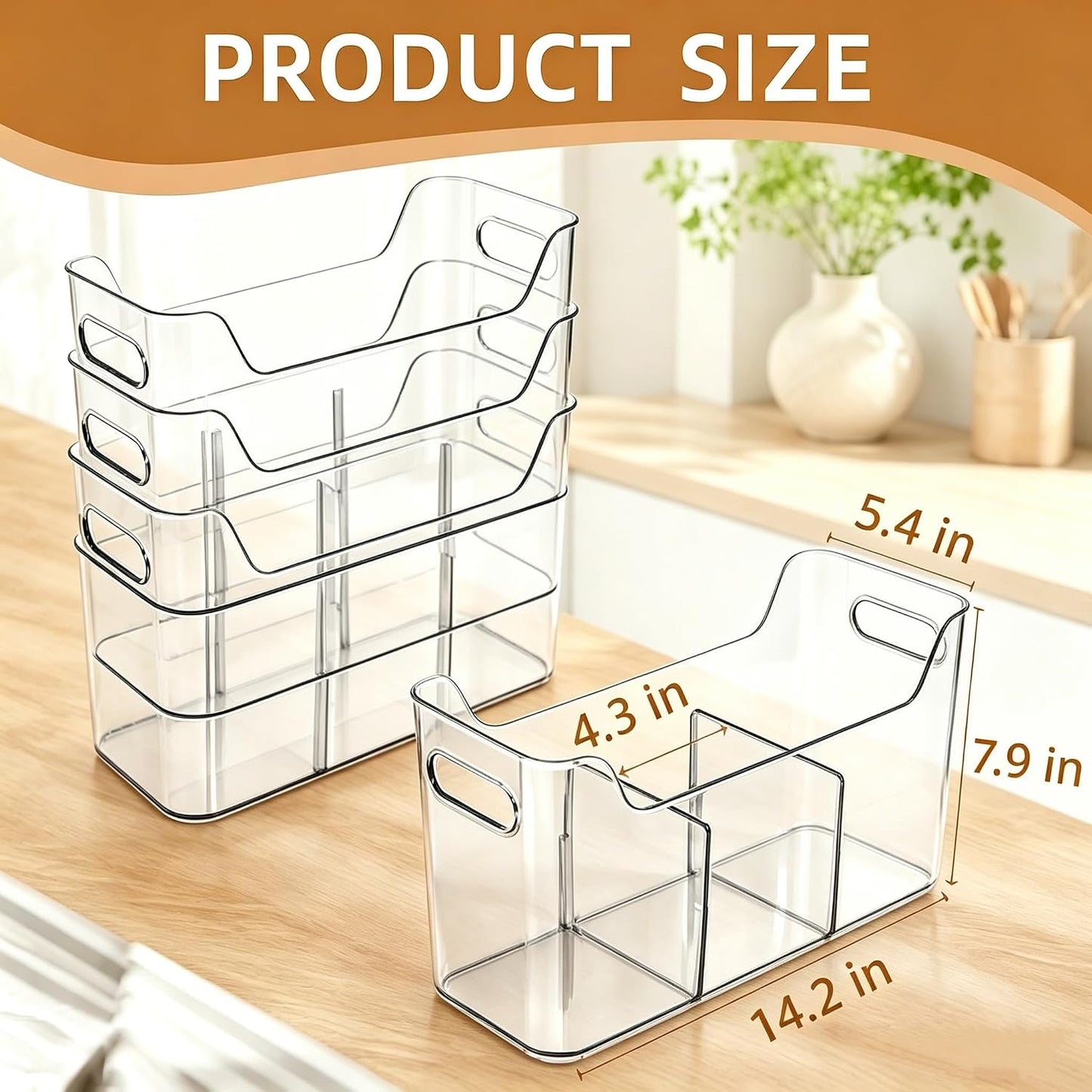 4 Pack Tall Narrow Clear Bins, Slim Pantry Freezer Organizer Bins with Removable Divider, Stackable Plastic Storage Containers with Handle for Kitchen Cabinet Closet Bathroom