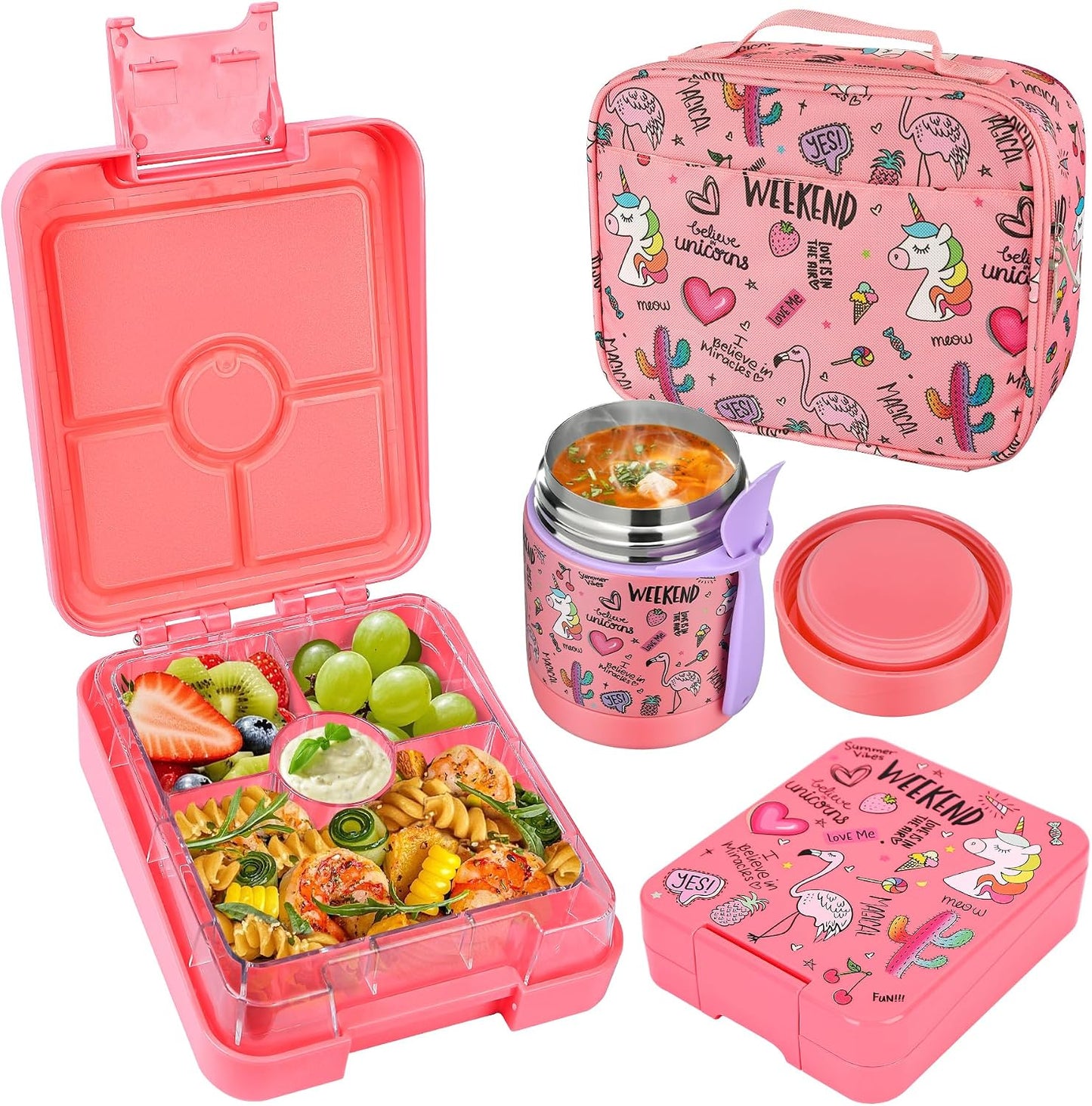 Pawtong Bento Lunch Box Set With 10oz Soup Thermo, Leak-proof Lunch Containers with 4 Compartment, Kids Hot Thermo Food Jar/Insulation Lunch Bag, Food Containers for School（Dinosaur）