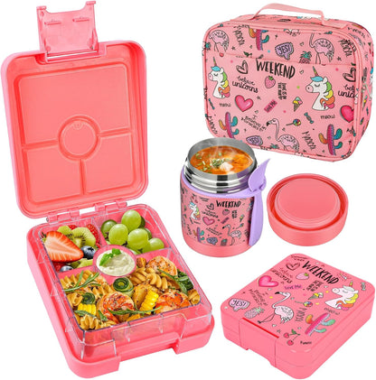 Pawtong Bento Lunch Box Set With 10oz Soup Thermo, Leak-proof Lunch Containers with 4 Compartment, Kids Hot Thermo Food Jar/Insulation Lunch Bag, Food Containers for School（Dinosaur）