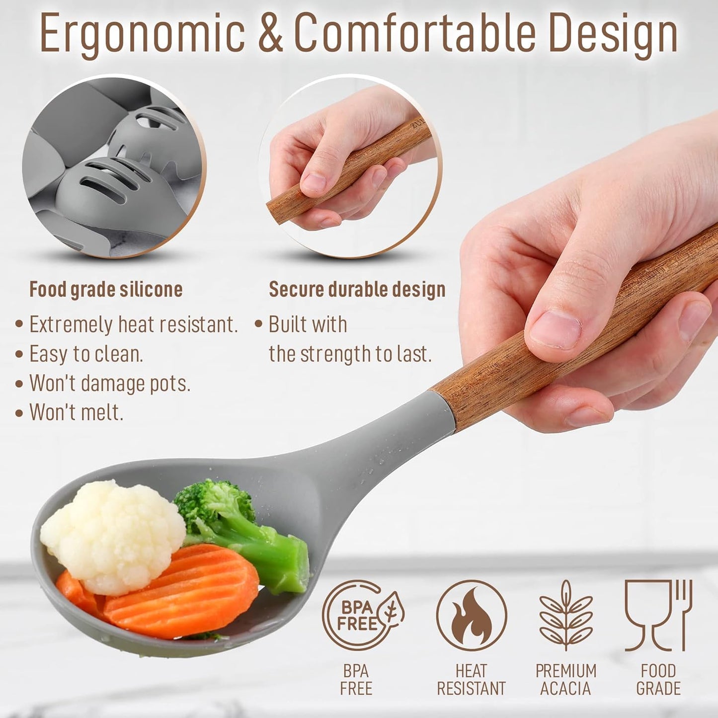 Zulay Kitchen Utensils Set Non-Stick Silicone Cooking Utensils Set with Authentic Acacia Wood Handles - 5 Piece Silicone Utensil Set - Kitchen Utensils Set with 464°F Heat Resistance - Gray