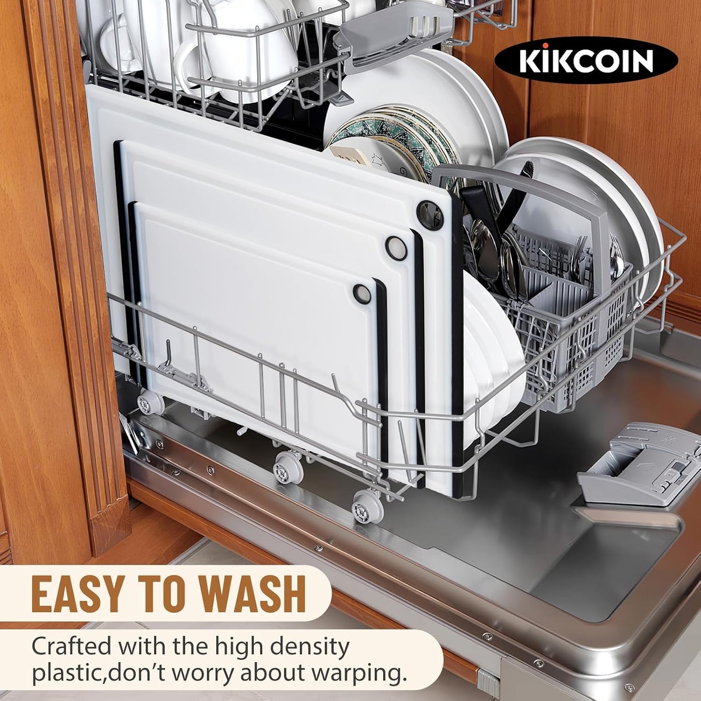 Kikcoin Plastic Cutting Boards for Kitchen, 3-Piece Large Cutting Board Set Dishwasher Safe Chopping Boards with Non-slip Feet and Juice Grooves, Gray