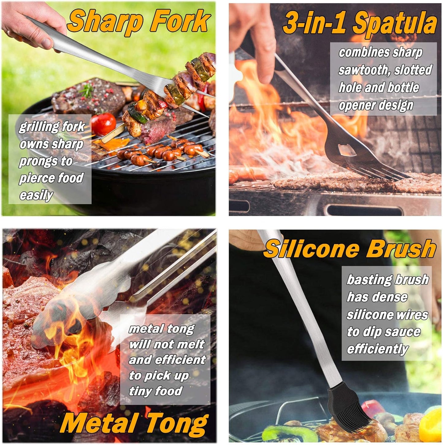 Leonyo Grill Tools Set of 6, 18Inch Extra-Long BBQ Tool Set, Heavy-Duty Barbecue Grilling Accessories, Stainless Steel Spatula, Fork, Tong, Basting Brush, Cleaning Brush, Carrying Bag
