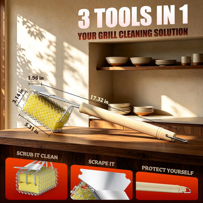Bristle-Free Grill Brush with Scraper - Safe Steam Clean BBQ Brush with 18" Heat-Resistant Handle, 304 Stainless Locked-Core Mesh Head & HD Scraper | No Loose Wires Design | Grill Grate Cleaner Tool
