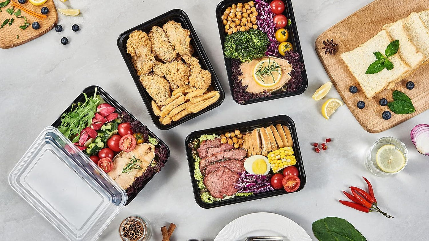 FULING 32 oz 50 ct Round Meal Prep Containers with Lids Plastic Food Storage Lunch Plan To Go Box Disposable Take Out Bowls Black BPA Free Reusable Durable Stackable Microwave Freezer Dishwasher Safe
