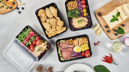 FULING 32 oz 50 ct Round Meal Prep Containers with Lids Plastic Food Storage Lunch Plan To Go Box Disposable Take Out Bowls Black BPA Free Reusable Durable Stackable Microwave Freezer Dishwasher Safe