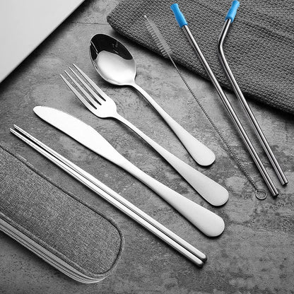 Travel Utensils Set with Case Reusable Portable Cutlery Set Stainless Steel 8pcs Including Dinner Knife Fork Spoon Chopsticks Straws(Rainbow)