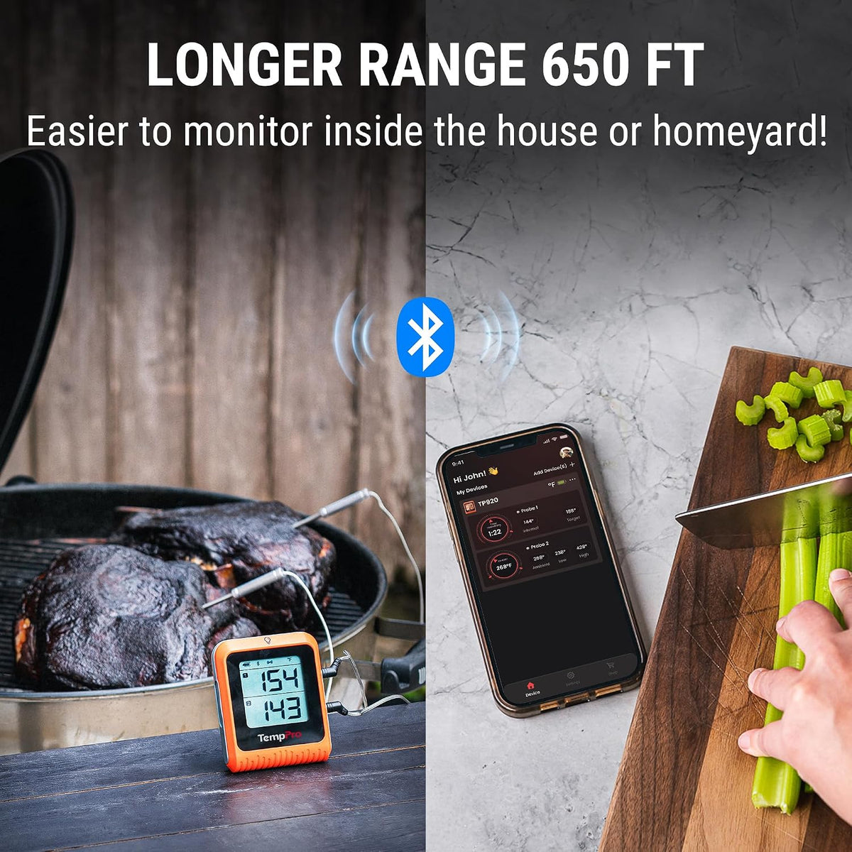 TempPro TempSync 650 ft Bluetooth Meat Thermometer with 2 Probes for Grill