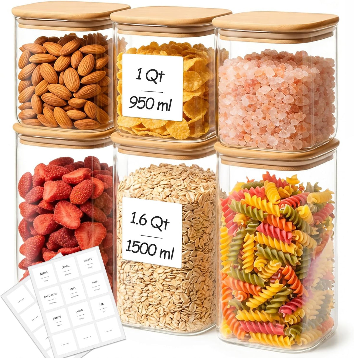 2-Pack 1 Gallon Square Glass Flour and Sugar Containers with Lids, Large Airtight Pantry Jars for Baking - Glass Canisters with Scoops & Labels for Bulk Food