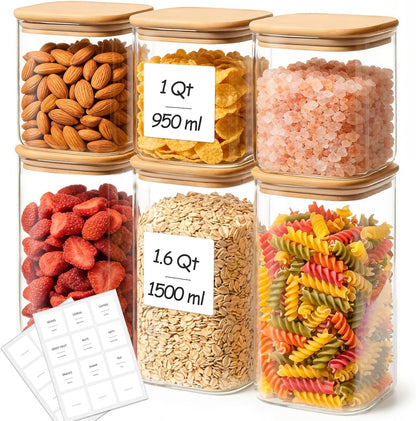 2-Pack 1 Gallon Square Glass Flour and Sugar Containers with Lids, Large Airtight Pantry Jars for Baking - Glass Canisters with Scoops & Labels for Bulk Food