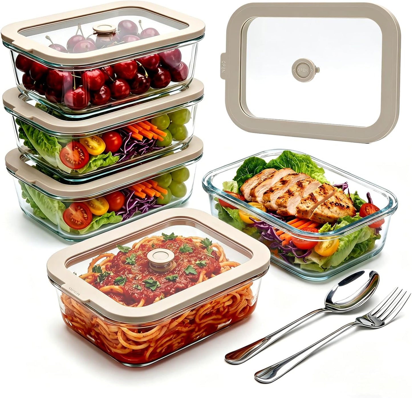 5 Pack 35 oz Glass Meal Prep Containers, Plastic-Free Glass Food Storage Containers with Lids, 4.4 Cups Airtight Glass Lunch Containers for Leftovers, Microwave, Oven, Freezer and Dishwasher