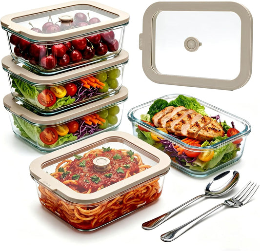 5 Pack 35 oz Glass Meal Prep Containers, Plastic-Free Glass Food Storage Containers with Lids, 4.4 Cups Airtight Glass Lunch Containers for Leftovers, Microwave, Oven, Freezer and Dishwasher