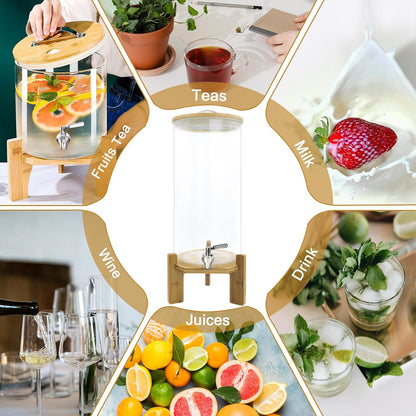 Glass Beverage Dispenser with Stand, 1.5 Gallons Glass Drink Dispenser-Beverage Dispenser with Wood Stand, Stainless Steel Spigot for Parties,Bars,Restaurants