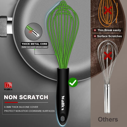 Walfos Silicone Whisk,Stainless Steel Wire Whisk -Heat Resistant 480°F Kitchen Whisks for Non-stick Cookware,Balloon Egg Beater Perfect for Blending,Whisking,Beating,Frothing & Stirring,Black