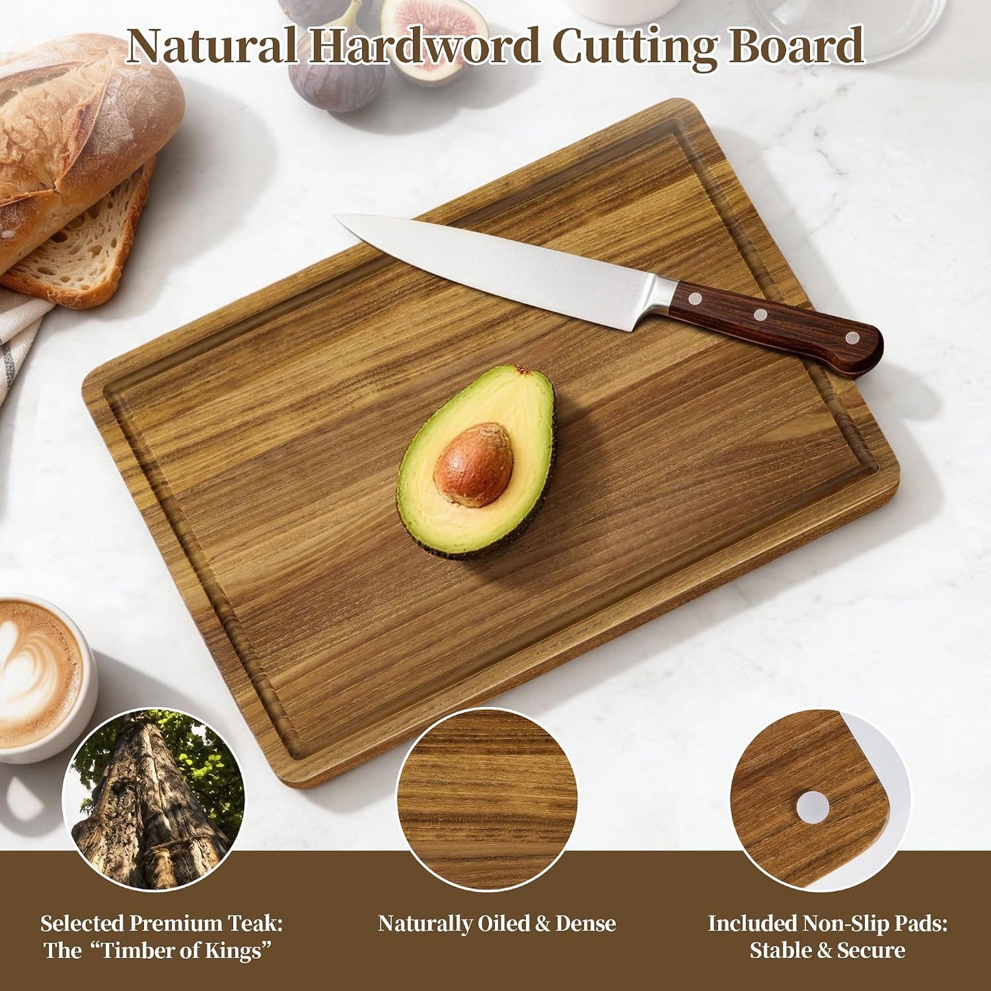 Teak Cutting Board Set for Kitchen - 3 PCS Solid Teak Wood Chopping Board with Holder & Juice Groove, Hardwood Cutting Boards for Meat, Fish, Vegetables, Fruits (Small, Medium, Large)