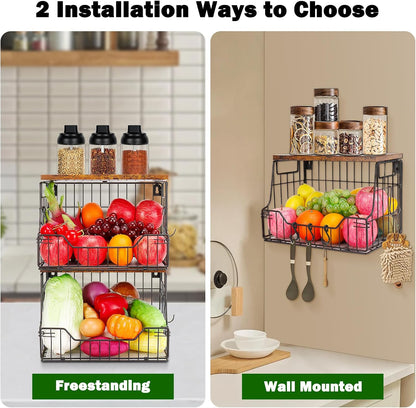 Livabber Fruit Basket for Kitchen, Metal Fruit Vegetable Storage Bin with 2 Banana Hangers, Countertop Wire Basket Organizer for Snack Potato Onion, Screw Mounted or Stand (Black, 1 Pack)