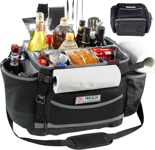 Large BBQ Organizer with Molded Hard Base, Compatible with Blackstone Outdoor Utensil Bag for Camping, Picnic & Tailgating, Portable Cooking Accessories Tote, Gift for Men