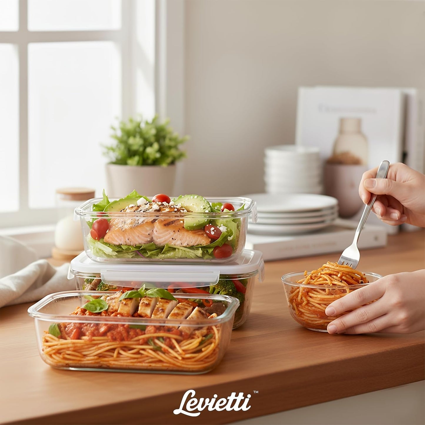 Levietti 2-Pack Borosilicate Glass Food Storage Containers with Lids 35oz (1040 ml) — Airtight Leakproof Meal Prep Containers, BPA-Free Snap Lock Lids, Oven Microwave Freezer Dishwasher Safe