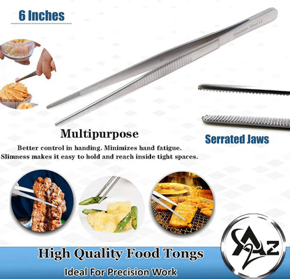 6 Inch Professional Culinary Stainless Steel Precision Tongs with Serrated Tips, Plating/Food Presentation Detailing Serving Tongs, Chef's Kitchen Tweezer Tongs - Ultra Non-Slip Grip