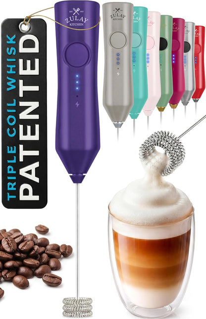Zulay Kitchen Rechargeable Milk Frother Handheld - Frother Wand, Drink Mixer, Electric Whisk Frother, for Cappuccinos, Matcha & Protein Powder - Dynamic 3 Whisk, 3 Speed 500mAh Black - Colors D