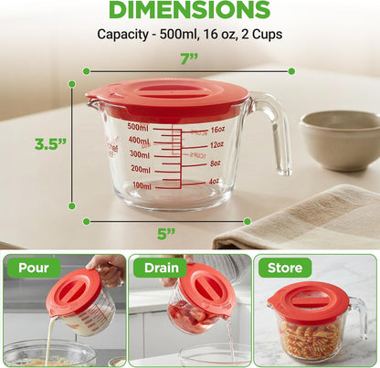 NutriChef 1,2 and 4 Cups Glass Measuring Cup Set with Lids (8, 17 and 34 oz) - Heat-Resistant Borosilicate Liquid Measure Cups with Easy-Read Scale for Cooking, Baking & Food Storage, Dishwasher Safe