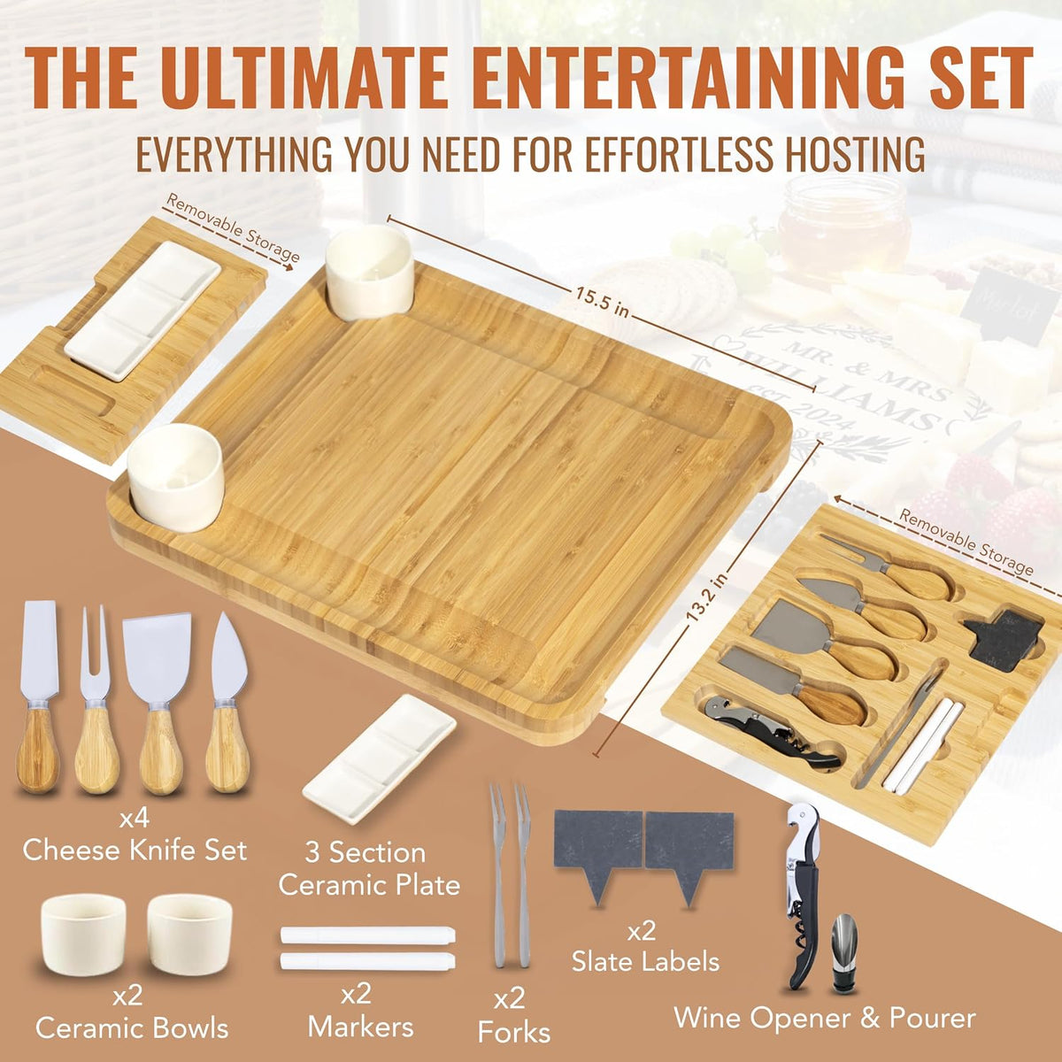 Personalized Charcuterie Board Gift Set, Custom Engraved Charcuterie Board, Large Bamboo Cheese Board with Ceramic Bowls & Cheese Knives, Wedding Anniversary Housewarming Gift