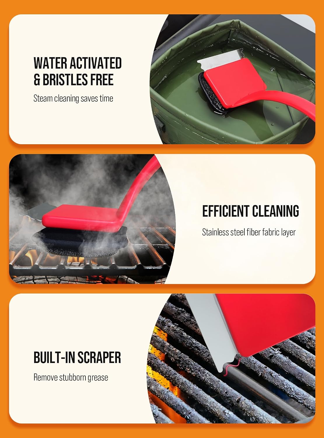 Grill Brush Bristle Free, Grill Cleaner Brush with 5 Replacement Heads, Ultra Safe Grill Brush for Outdoor Grill, Cast Iron, Stainless Steel Grates, Grill Scraper Outdoor BBQ Grill, Black