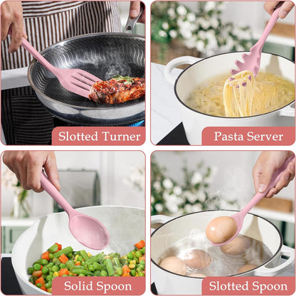 LIANYU Non-Toxic Silicone Kitchen Utensils Set, 8 Piece Non-Scratch Cooking Spoons & Spatulas, Stainless Steel Core, Heat Resistant & Dishwasher Safe, Khaki