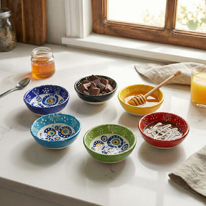 Ceramic Small Dipping Bowls Set of 6, 3.5 Oz Soy Sauce Dish, Handmade Charcuterie, Colorful Pinch, Dishwasher & Microwave Safe, 3.2'' Mini (SULTAN'S GARDEN)