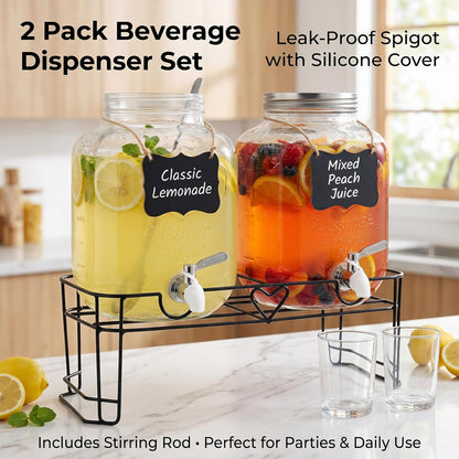 2 Pack1 Gallon Glass Drink Dispensers For Parties,Beverage Dispenser with Stand,304 Stainless Steel Spigot Leakproof,Lemonade Dispenser for Sun Tea, Homemade Juice