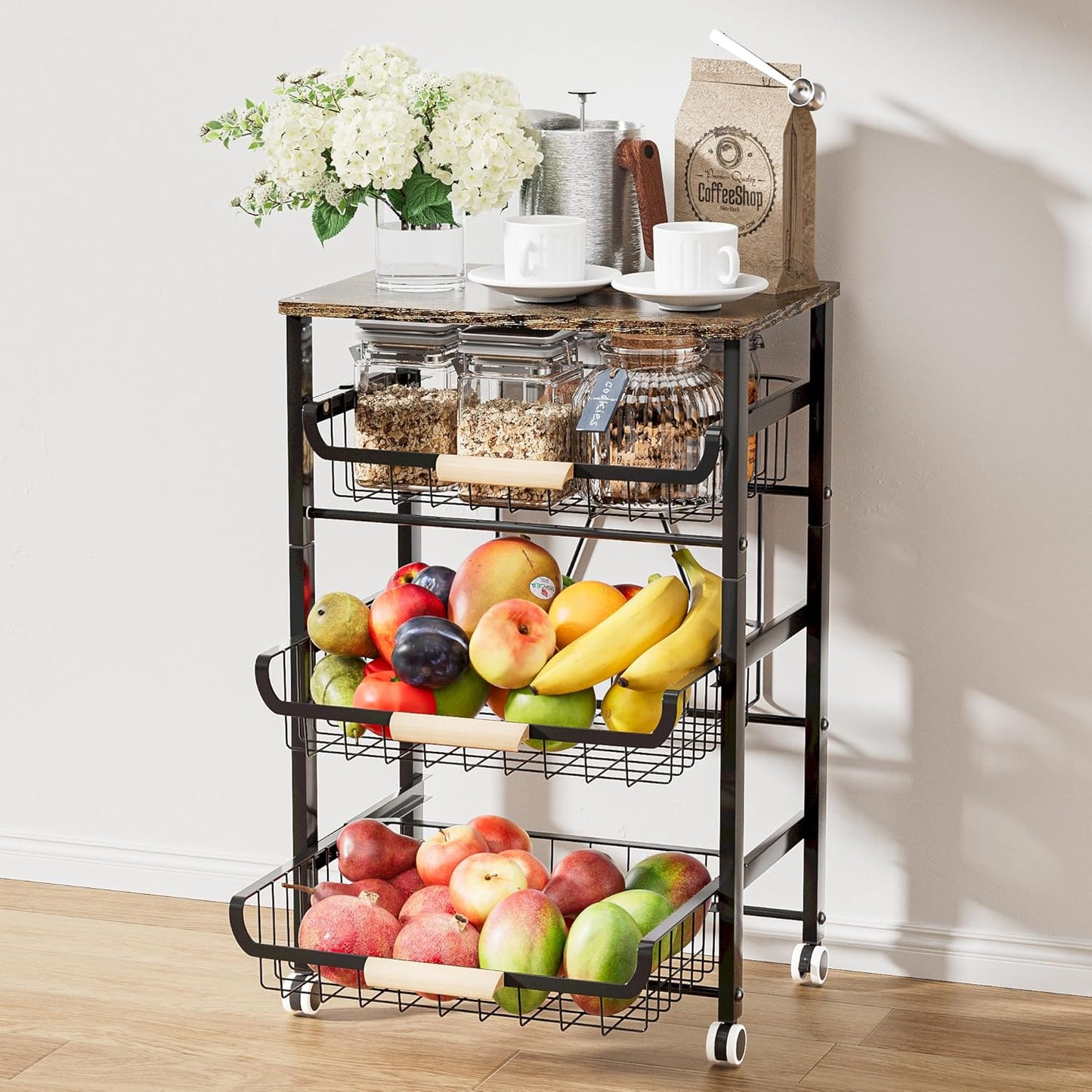 JAQ Slide Out Fruit Vegetable Basket for Kitchen, 4-Tier Rolling Storage Cart with Wooden Handle & Top, Metal Wire Produce Rack for Pantry Organization, Onion Potato Storage Bins for Small Space,White