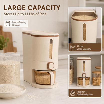 ROOM127 Slim Rice Dispenser 11 Lbs, Airtight Rice Storage Container with Measuring Cup, One-Touch Dry Food & Cereal Dispenser with Clear Window for Kitchen Countertop, Milk Tea Brown