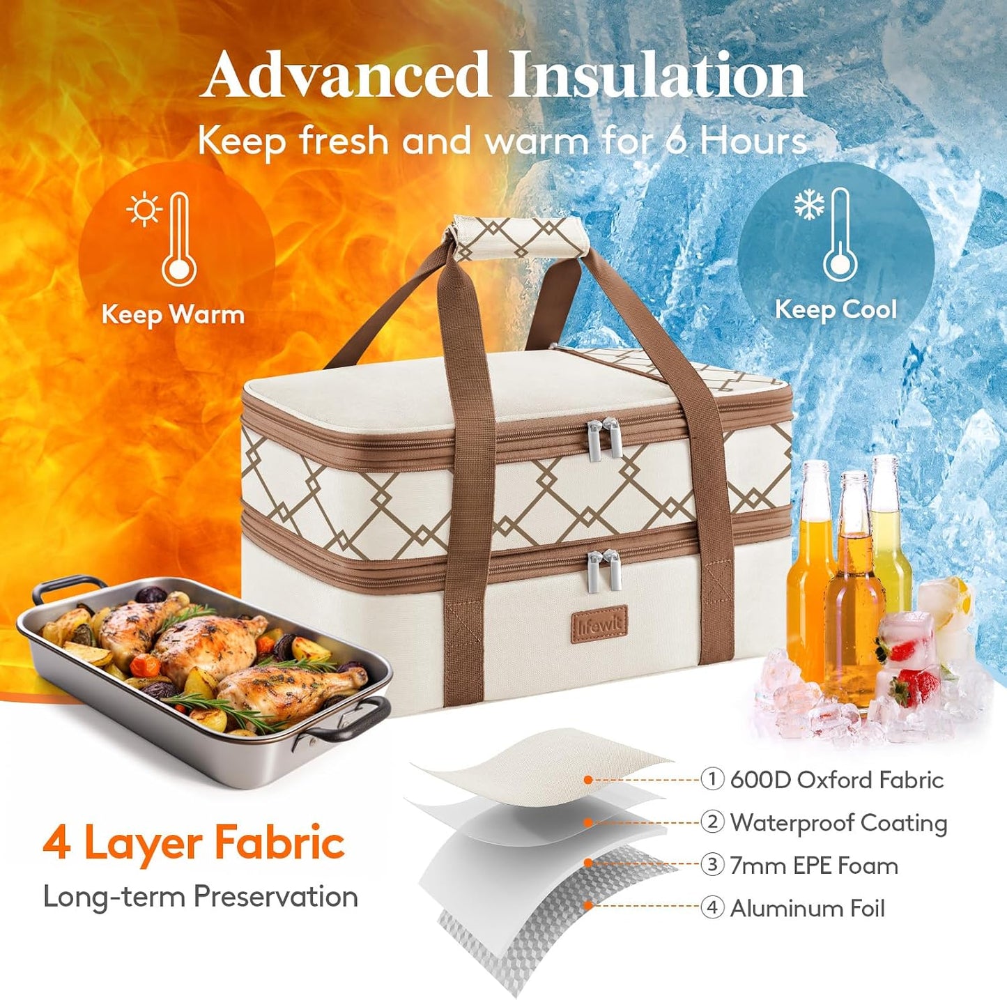 Lifewit Insulated Double Decker Casserole Carrier, Expandable Lasagna Lugger Tote Bag for Hot or Cold Food, Fits 9" x 13" Baking Dish for Potluck Parties, Picnic and Cookouts, Grey-Geometric
