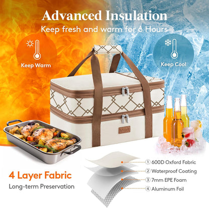 Lifewit Insulated Double Decker Casserole Carrier, Expandable Lasagna Lugger Tote Bag for Hot or Cold Food, Fits 9" x 13" Baking Dish for Potluck Parties, Picnic and Cookouts, Grey-Geometric
