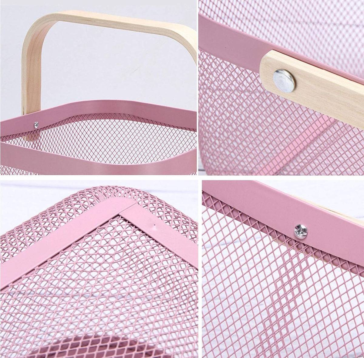 AJIODA Metal Mesh Steel Basket, Storage Organizer Basket Multi-functional Hanging Kitchen Baskets Fruit Basket Bin with Bamboo Handle for Kitchen Bathroom Picnic Shopping Decor Cabinet Home, Blue