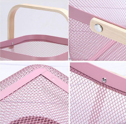 AJIODA Metal Mesh Steel Basket, Storage Organizer Basket Multi-functional Hanging Kitchen Baskets Fruit Basket Bin with Bamboo Handle for Kitchen Bathroom Picnic Shopping Decor Cabinet Home, Blue