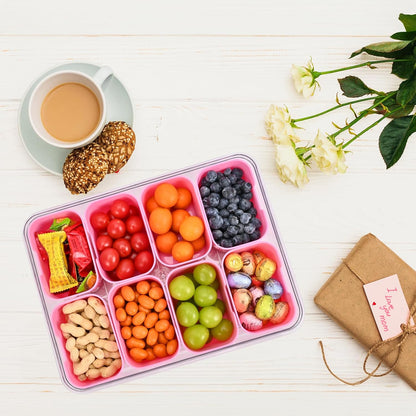 Snackle Box Container, 8 Compartment Divided Serving Tray with Lid and Handle, Snack Box Container for Candy, Fruit and Snacks, Great for Gatherings, Outings, Parties and Entertaining（Pink）