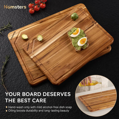 3 Pack Teak Wood Cutting Board Set for Kitchen Charcuterie Board Serving Heavy Duty Non Toxic Slip Hardwood Over Sink Solid Thick Haus Wooden Chopping Board Large Big Small Meat Best Essential Gift