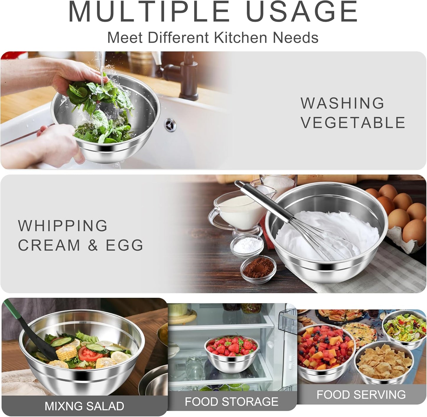 HaWare Mixing Bowls with Airtight Clear Lids, 6-Piece Stainless Steel Strong Nesting Bowls Set, Metal Salad Bowl for Cooking, Prepping, Baking, Serving & Food Storage, Size 4.6, 3, 1.5QT, Khaki