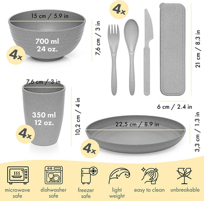 FOODLE Wheat Straw Dinnerware Set - BPA Free & Safety Tested - Microwave & Dishwasher Safe Dishes - Perfect for Camping, Picnic, RV, Dorm - Plates, Cups and Bowls - Great for Kids & Adults - For 4