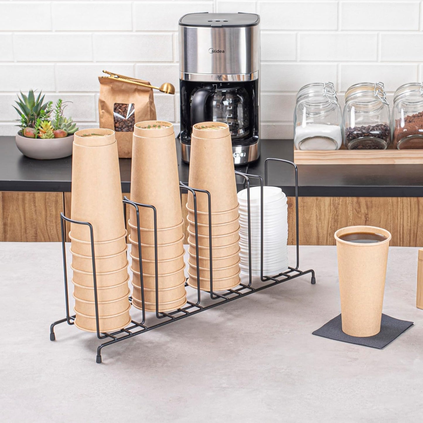 RW Base Black Iron Horizontal Portion Cup / Lid Organizer - 3 Section - 8 1/4" x 3" x 6" - 1 count box