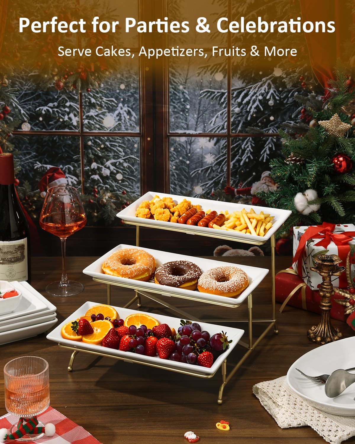 Yedio 3 Tier Serving Trays for Party, Porcelain Serving Platters and Trays, 12 Inch Tiered Tray Stand, Fruit Tray, Trays for Serving Food, White Dessert Stand with Collapsible Sturdier Metal Rack
