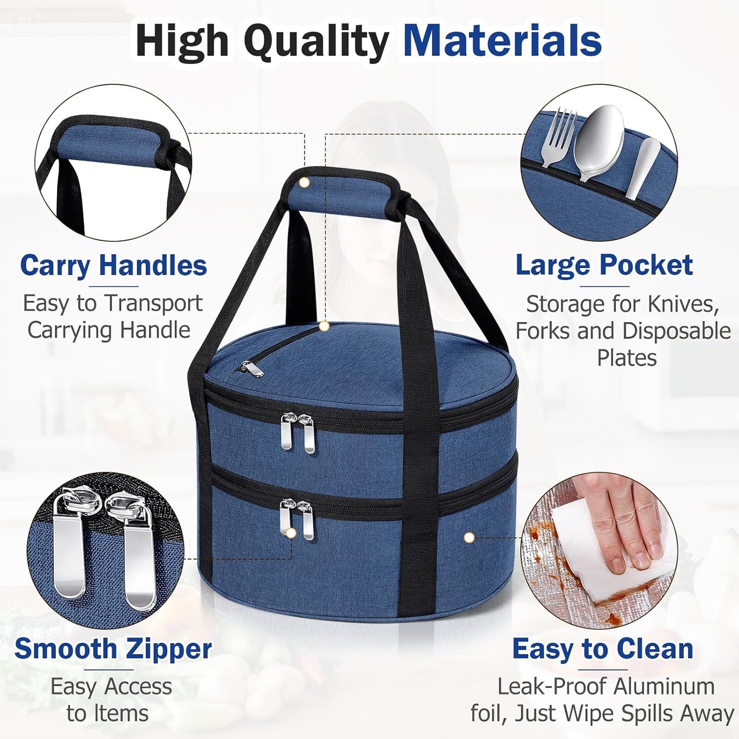 Round Insulated Casserole Carrier – 12" Portable Pie Carrier Bag for Hot or Cold Food, Leakproof Thermal Lunch Tote with Handle for Parties Picnic & Travel - Grey