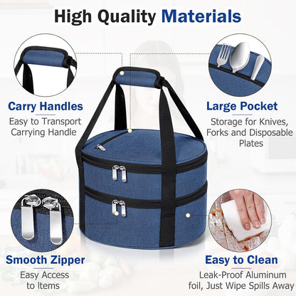 Round Insulated Casserole Carrier – 12" Portable Pie Carrier Bag for Hot or Cold Food, Leakproof Thermal Lunch Tote with Handle for Parties Picnic & Travel - Grey