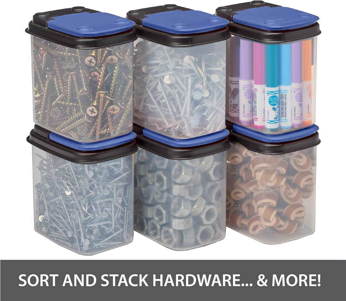 Buddeez Multi-Purpose Hardware Storage Bins Bits and Bolts Small Storage Containers, Hardware Organizers, Clear Containers With Blue Stackable Lids, Bolt and Screw Organizer (1 Quart - 8 Pack)