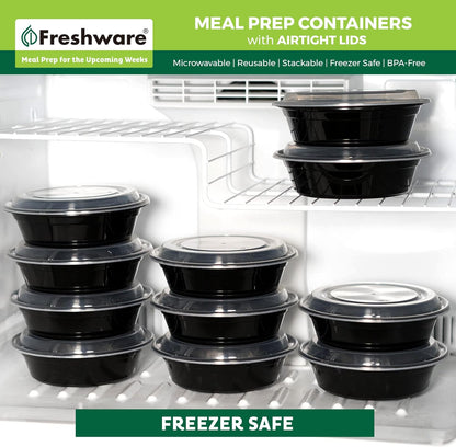 Freshware Meal Prep Containers [15 Pack] 2 Compartment with Lids, Food Storage Containers, Bento Box, BPA Free, Stackable, Microwave/Dishwasher/Freezer Safe (28 oz), Black