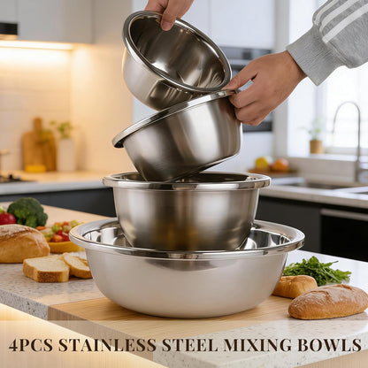 Mixing Bowls Set of 3 Stainless Steel, 7.9″ 10.2″ 14.2″ Metal Bowls for Baking Dough Salad Kitchen